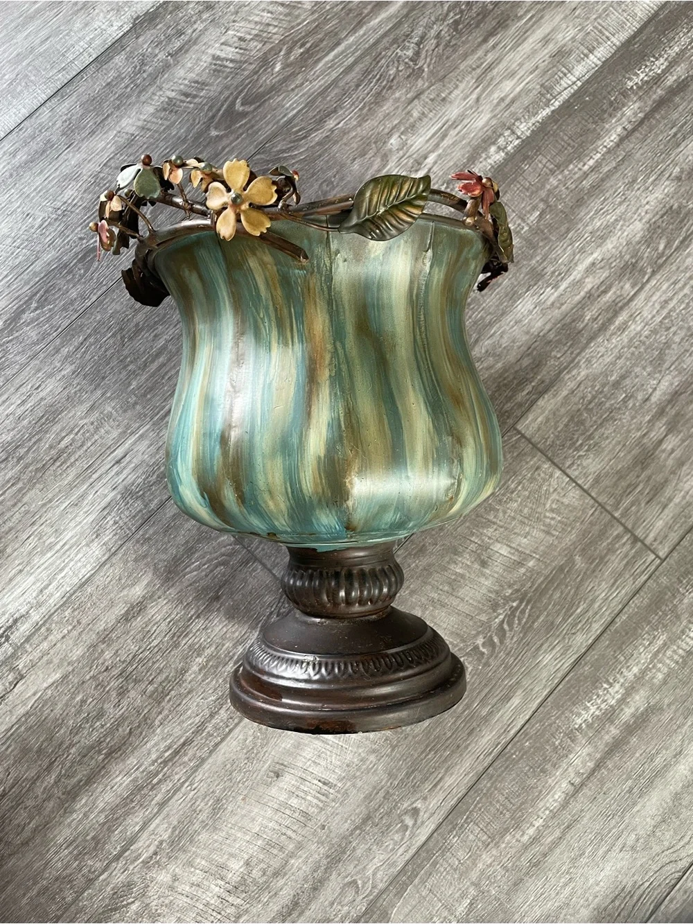 Decorative Floral Metal Urn Vase - Teal Green Finish
